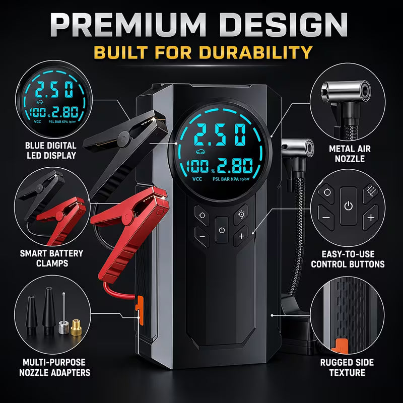 2-in-1 Car Jump Starter & 200PSI Tyre Inflator – Digital Display