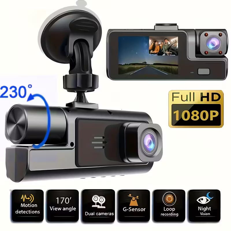Dual camera 1080P Full HD dash cam with 170° wide angle and 230° rotating lens