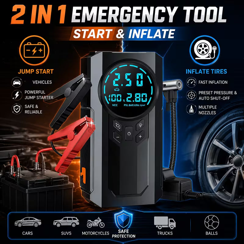 2-in-1 Car Jump Starter & 200PSI Tyre Inflator – Digital Display