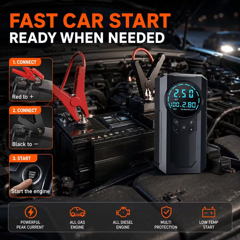 2-in-1 Car Jump Starter & 200PSI Tyre Inflator – Digital Display