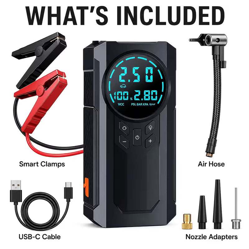 2-in-1 Car Jump Starter & 200PSI Tyre Inflator – Digital Display